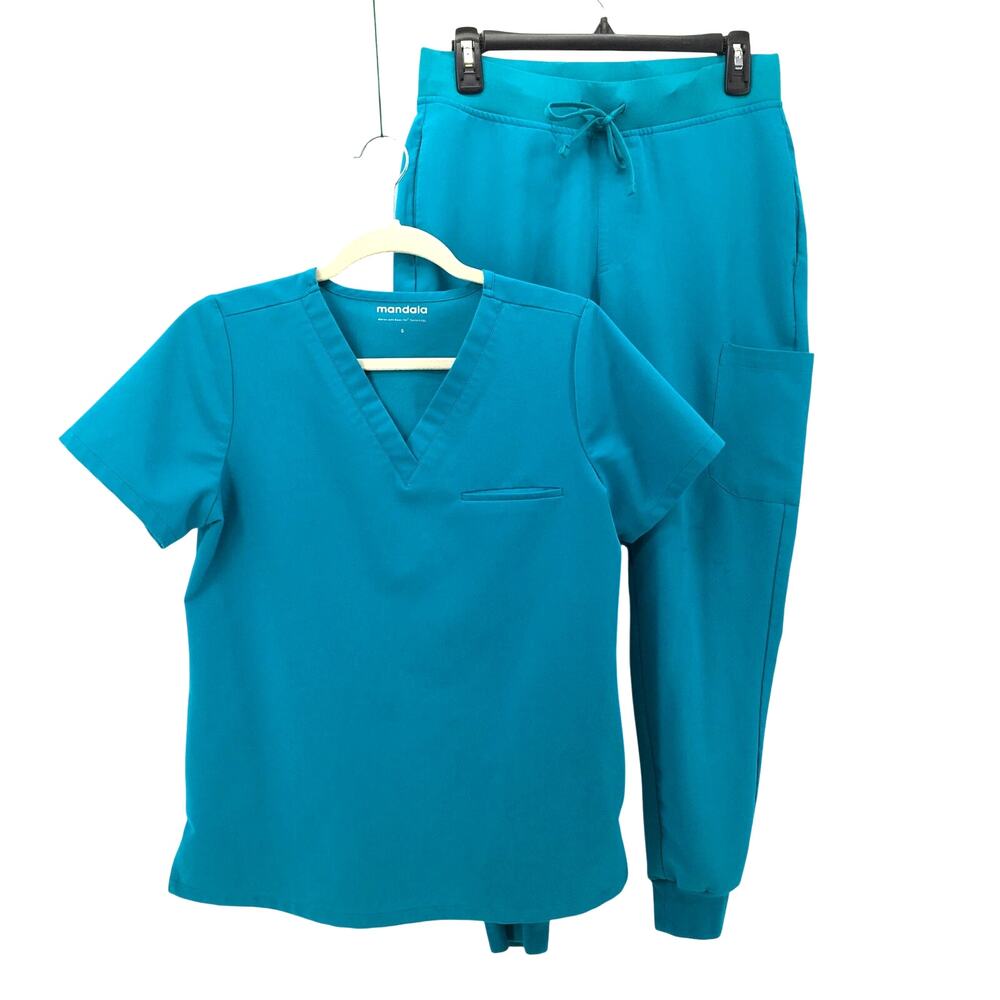 Mandala Scrubs Set Peacock Teal Green V neck Top & Jogger Bottom Nursing Small S